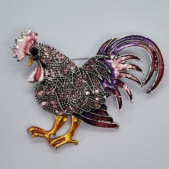 Rooster Brooch Rhinestone & Faux Jewel Pinks and Purples Silver Plated - Picture 3 of 5